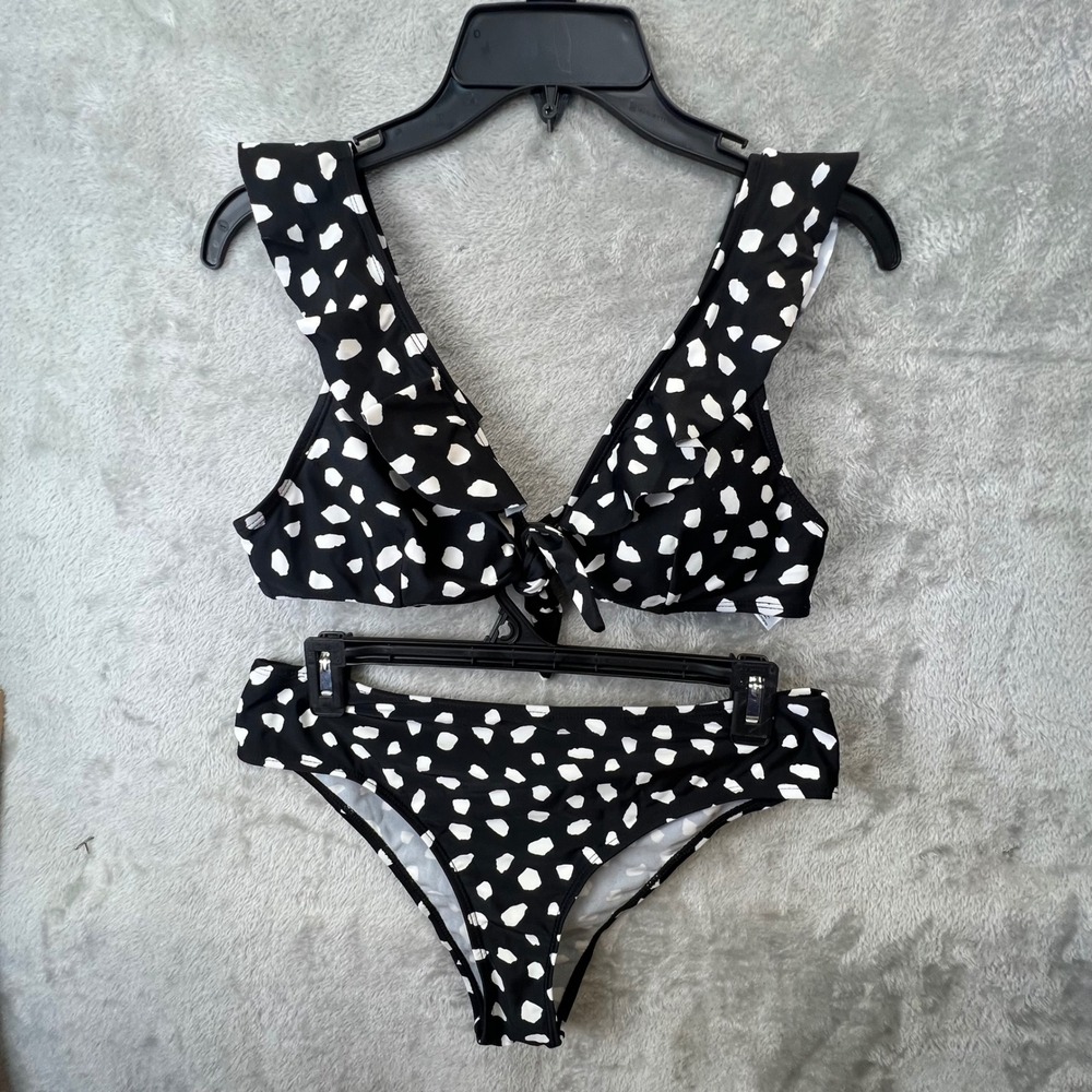 Ocean Pacific Womens Black White Ruffle Polka Dot Bikini Set Swimsuit Large - Picture 1 of 9